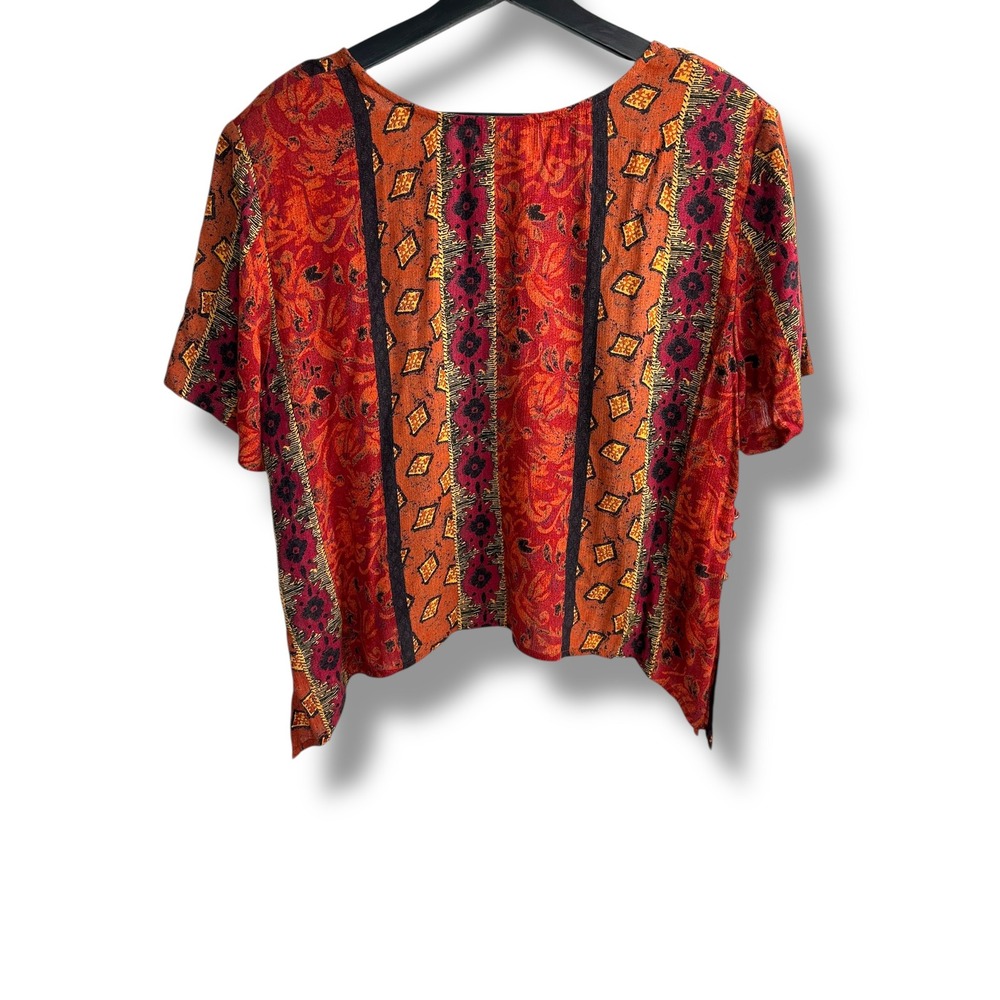 Rabbit Rabbit Rabbit Designs Vintage Boho Rayon Print Blouse Red Orange 12P - Picture 2 of 9